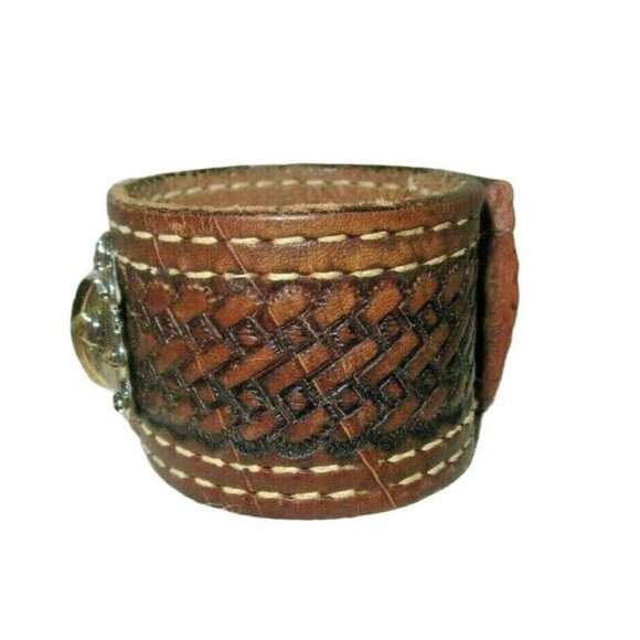 HM Tooled Leather 2 Tone Cross Concho Western Christian Brown Bracelet #1 - Picture 2 of 5
